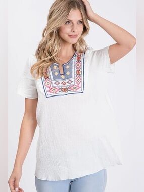 Hailey & Co White Floral Embroidery Boho Peasant Women’s Top Size S USA Made
